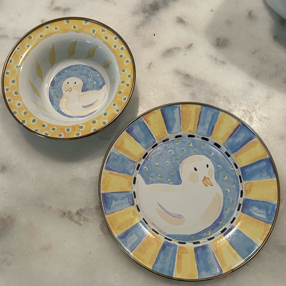 MacKenzie-Childs Enamel Toddler Plate and Bowl set with Gold Accent